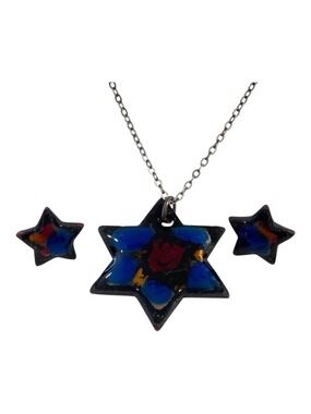 Vintage Ecco Sterling Star-Shaped Enamel Pendant Necklace & Earrings Set With Ha